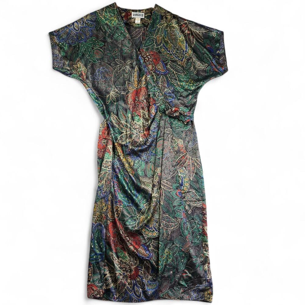 Vintage VIRGO II Wrap Dress Womens 14 Floral Print Metallic Sheen Midi Artsy USA
